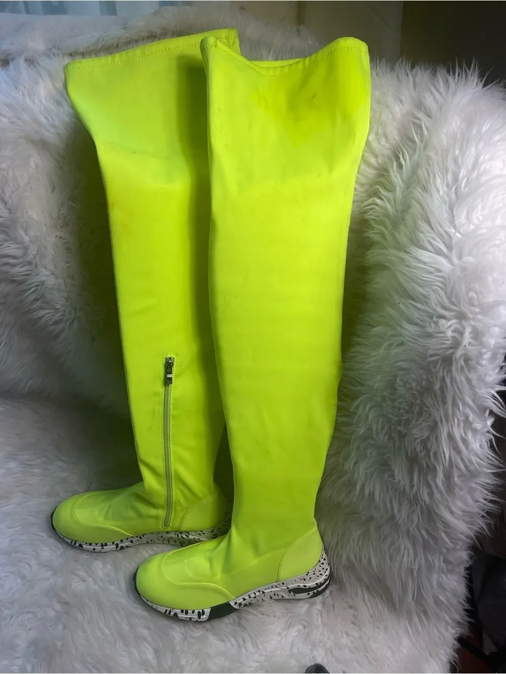 Lemonade thigh high stretch nylon sneakers boots neon green SZ9 side zipper..